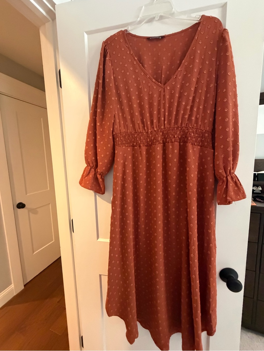 Rust Swiss Dot Midi Dress